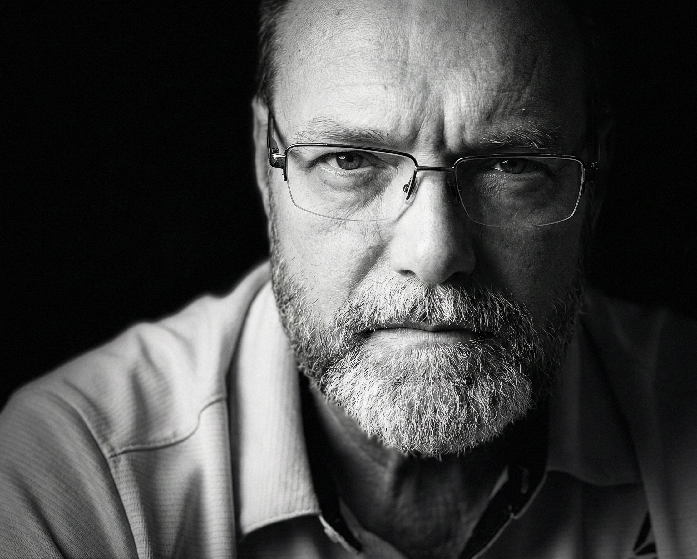 Black-and-white portrait of Renewing Democracy host Jeff Sites looking directly at the camera